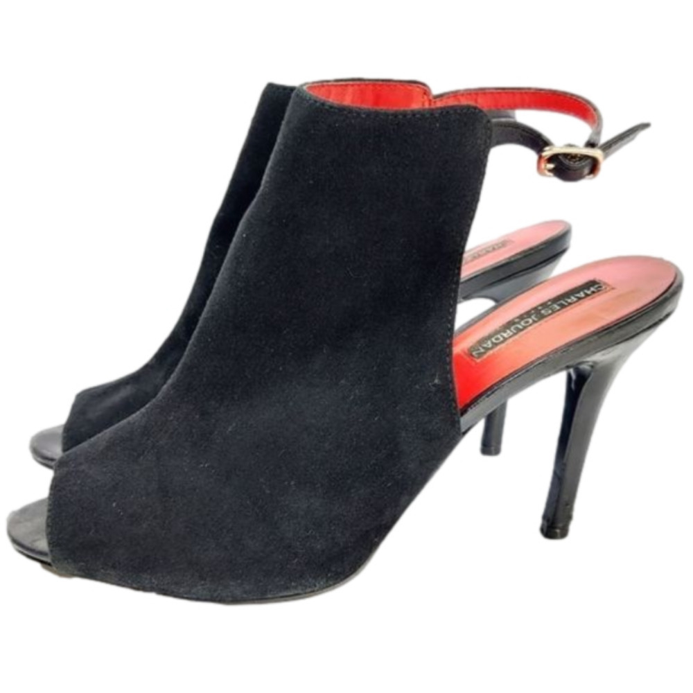 Charles Jourdan Black Suede Open-Peep Toe Slingback Heels with Red Accents